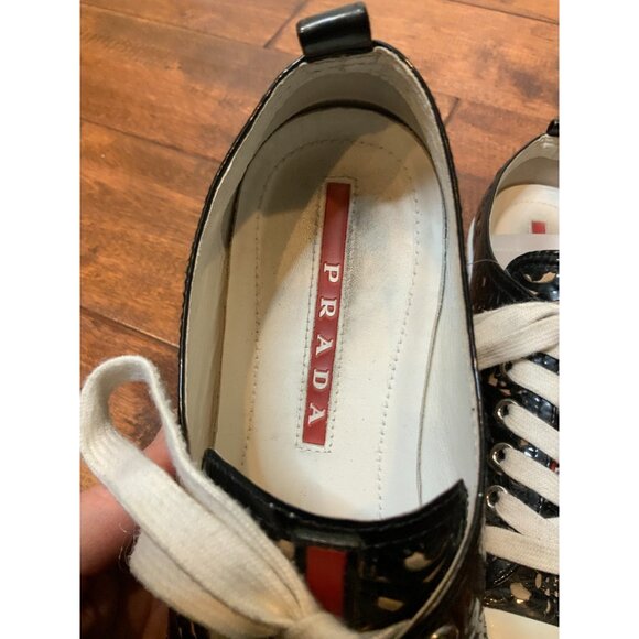 PRADA Black Floral Laser Cut Patent Leather Sneakers, Size 7 | 37 - Picture 11 of 11